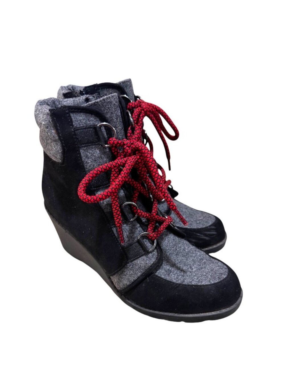 R2 Womens 6.5 Wedge Heel Black Gray Booties Red Laces 6.5 Winter Ankle Boots